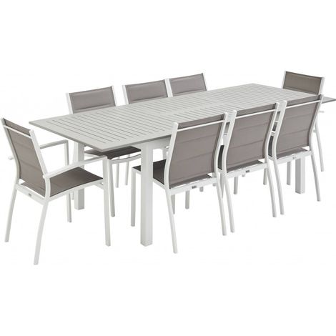 Salon de jardin Chicago 8 places table à rallonge extensible 175/245cm alu  textilène Blanc / Taupe (1/5)