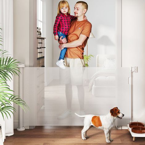 Barrière de sécurité rétractable 142x10x87 cm Blanc pour chiens avec interrupteur de serrure pour portes, escaliers, couloirs