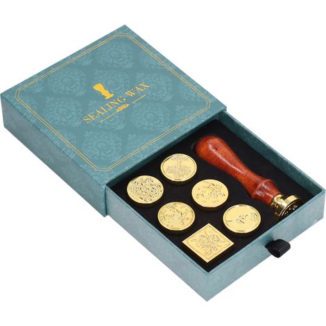 Coffret de tampons à cire à cacheter vintage européens (comprend 7 têtes de tampons vintage détachables, des tampons à cire à cacheter clairement gravés, pour enveloppes, coffret cadeau vert) (1/5)