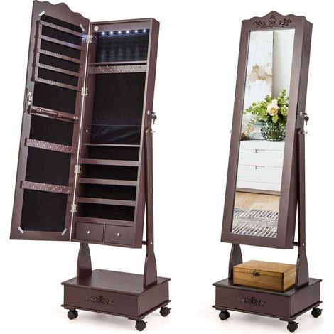 Sur Roulettes Armoire à Bijoux avec Miroir Pleine Longueur Rangement Verrouillable et Éclairage LED pour Chambre Marron (1/5)