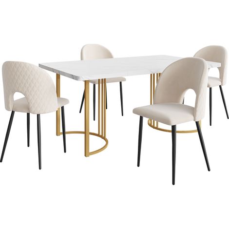 Set da pranzo moderno 140×80 cm con tavolo bianco e 4 sedie in velluto beige con gambe regolabili (1/5)