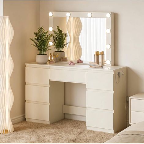 Toeletta con specchio LED, prese integrate, 7 cassetti, bianca DESVIAE (1/5)