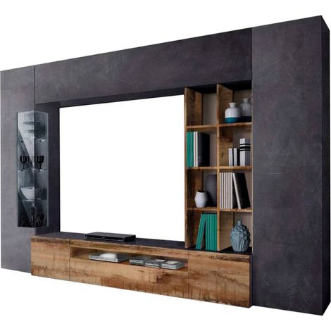 Dmora Parete attrezzata da soggiorno, Made in Italy, con luce LED blu, Base porta TV e pensili e scaffali, Set salotto moderno, cm 290x40h192, colore Ardesia e Acero, con imballo rinforzato (1/5)