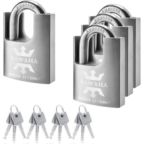 21/50-4PS Cadenas Haute Sécurité en Acier Inoxydable avec Clé en Acier Inoxydable pour Intérieur et Extérieur (robuste, inoxydable) (50 mm), fermeture identique, Lot de 4 Pièces (1/5)