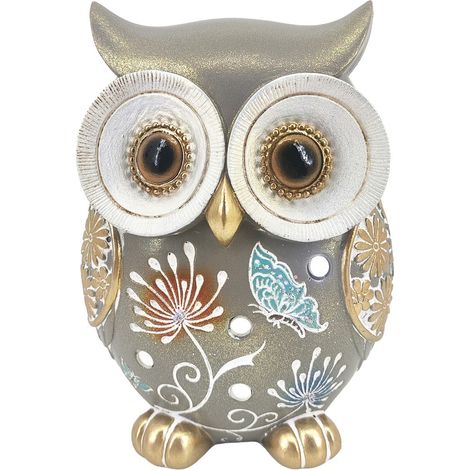 Figura de búho de resina gris topo con flores de colores 14 cm (1/2)
