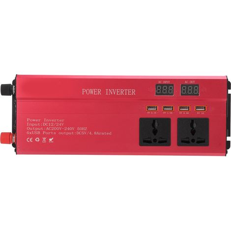 Convertisseur de puissance Voiture 900W Rouge 12V/24V DC vers 220V AC, Prise 220V avec Écran LED, 3 Sorties Secteur et 4 Ports USB, Adaptateur pour Camping et Voyage (1/5)