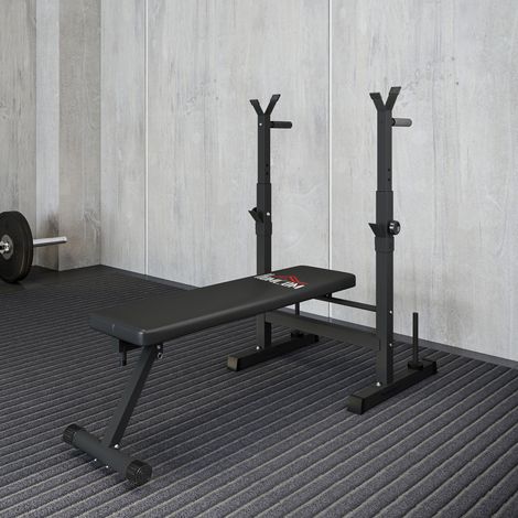 Panca pesi con supporto per bilanciere e stazione per dip, portata massima 220 kg, ideale per l'allenamento in palestra a casa.