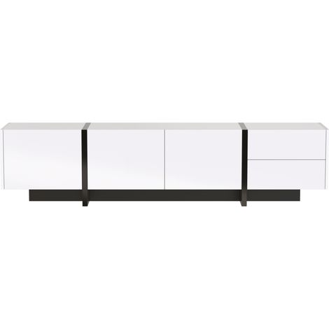 CAIziMeuble TV bas blanc noir brillant portes tiroirs design épuré moderne (1/5)