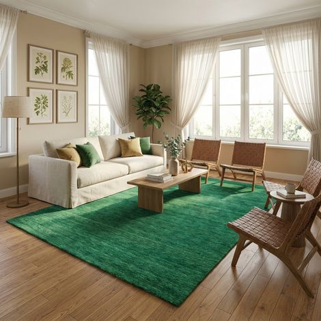Tapis Gabbeh tissé Tapis Uni - Tapis en laine  - 90x60cm, Rectangular - 100% Laine vierge - Tissé main - Vert foncé