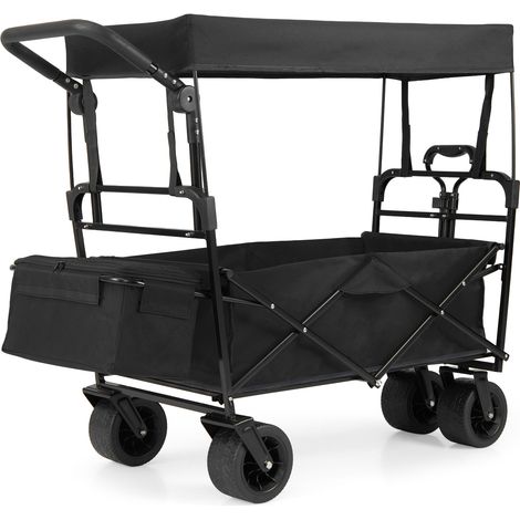 Chariot de Jardin Pliable avec Auvent Amovible, Chariot de Plage avec Poignées Réglables Sac de Rangement Détachable et Roues Tout-Terrain, Noir (1/5)
