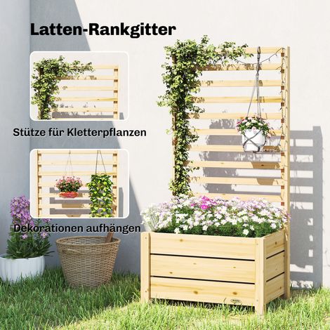Jardinière surélevée en bois naturel avec treillis intégré, bac à plantes avec trous d’évacuation, géotextile, 60 x 39 x 120 cm (1/4)