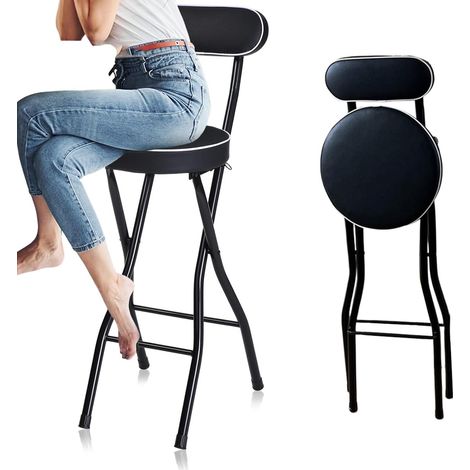 Tabouret de Bar Pliant Rond et rembourré 70cm/75cm, Chaise Haute pour Adultes avec Dossier, Chaise de Cuisine Petit-déjeuner Portable et Pliable (Color : Black, Size : 70cm/28in) (1/5)