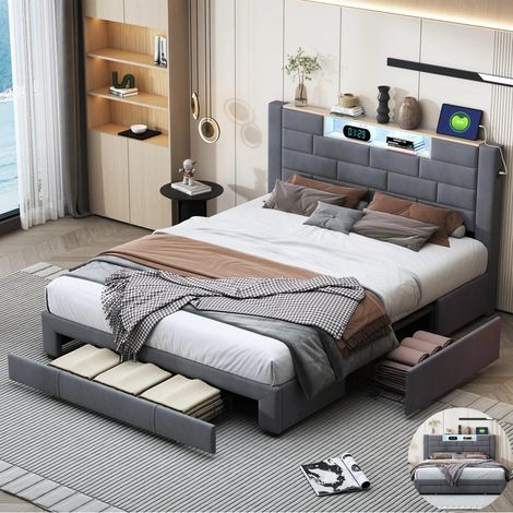 Lit double 160x200 cm avec LED, USB et 3 tiroirs, Lit capitonné avec tête de lit, sommier, Lit Adulte pour 2 Personnes, Velours Gris (1/5)