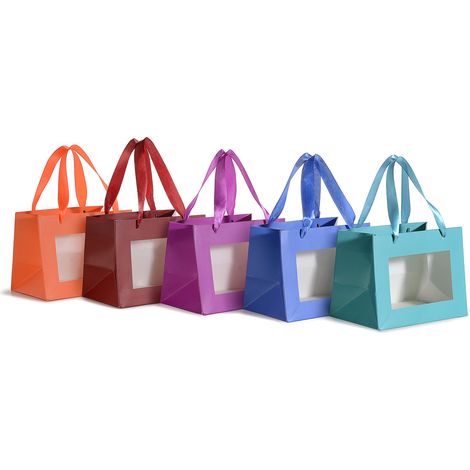 Buste sacchetti con finestra trasparente e manici in stoffa in carta colorata, set da 20 pezzi, cm 18 x 11 x 13,5 H