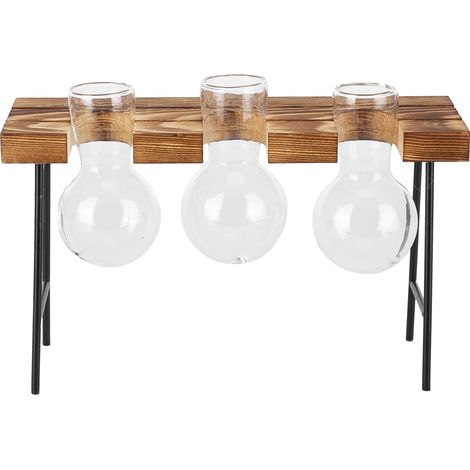 Pot de fleurs de bureau en verre avec support en bois, vase en verre pour plantes hydroponiques, idéal pour la maison, le bureau et le jardin (3 bouteilles) (1/5)