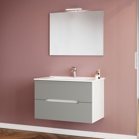 Mobile bagno sospeso 80 rovere bianco e tortora con lavabo e specchio Iris (1/5)