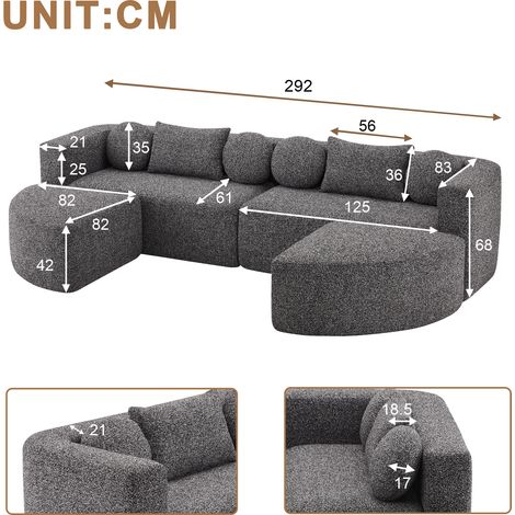 Canapé nuage modulable noir, convertible en couchage, tissu chenille, pré-assemblé sans montage, dimensions L292 x P165 x H68 cm
