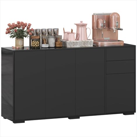 Buffet design contemporain 140 cm 2 tiroirs 4 portes noir mat et laqué (1/5)