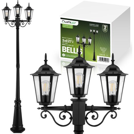 Lámpara de jardín exterior 3xE27, farol de poste de 2 m, color negro, BELLIS LUMILED