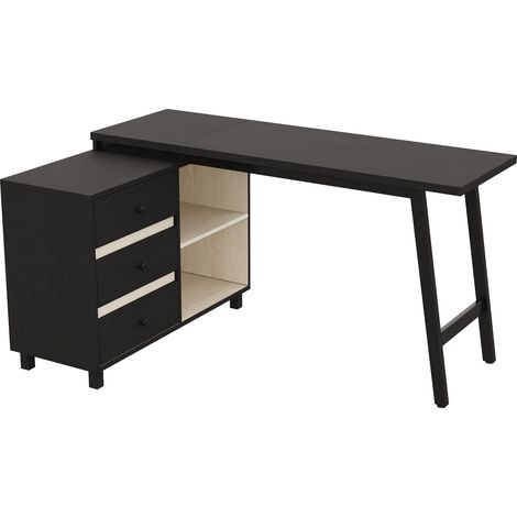 Escritorio en L 150 x 100 x 76 cm con 3 cajones y 2 estantes abiertos, negro y blanco (1/5)