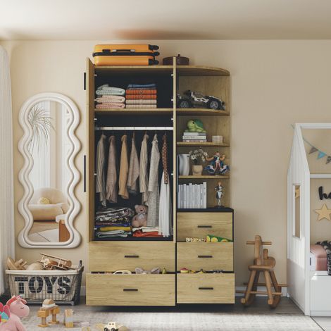 Armoire avec tringle et cinq tiroirs meuble combinant penderie et vitrine meuble de rangement pour chambre mobilier alliant tons de bois naturel et noir. (1/5)