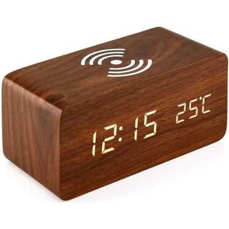 Réveil Avec Pour Tampon De Charge Sans Fil Qi Compatible Avec Pour Iphone Samsung Horloge Numérique Led De Bois Fonction De (1/4)
