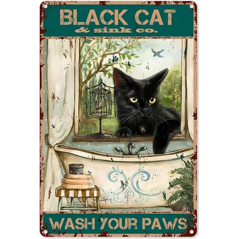 Décoration Murale Drôle de Salle de Bain, Plaque Étaine Vintage de Chat Noir « Wash Your Paws » (Lave tes pattes), Bureau, Maison, Bar, Ferme, Hôtel, Salle à Manger, Poster Métallique de Café 20x30 cm (1/5)