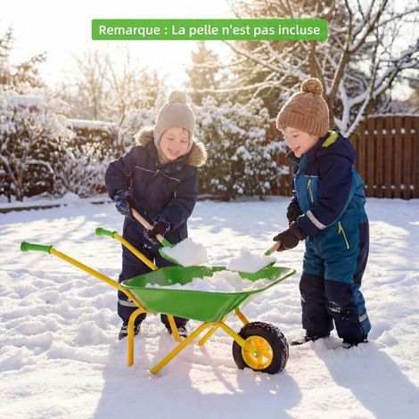Brouette enfant verte en métal avec bac sans soudure, roue tout-terrain et poignées antidérapantes pour jardin, plage et cour (1/5)