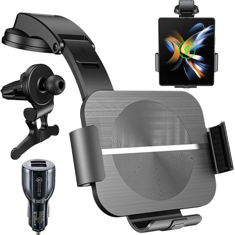 Dual Coils Support de téléphone portable sans fil 15 W avec fonction de charge à induction automatique Qi Chargeur de voiture sans fil pour  Galaxy Z Fold 6/5/4/3 USB QC 3.0