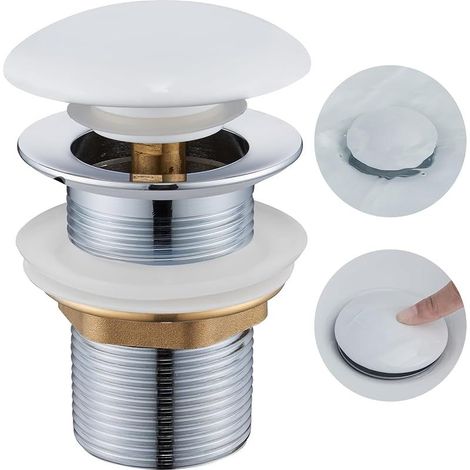 Bonde Lavabo sans Trop Plein, Bonde Lavabo Salle de Bain avec Couvercle en Céramique, Bonde de Vidage Lavabo Clic Clac Pop-up, Universelle Standard-G 1 ¼, Blanc (1/5)