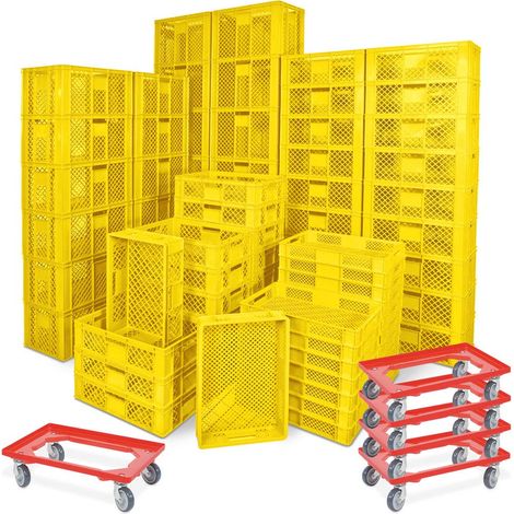 BRB 78 Stück Stapelkörbe/Bäckerkästen in 5 Größen, Grundmaß LxB 600x400 mm, H 90 mm, 150 mm, 240 mm, 320 mm, 410 mm, + 5x Transportroller rot (gelb)