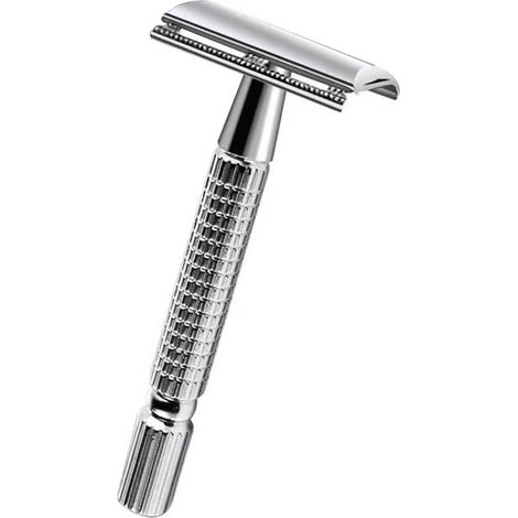 Rasoir à barbe professionnel double lame en métal rétro, coupe-barbe manuel de sécurité pour hommes, tondeuse vintage avec lame intégrée, outil de toilettage classique, kit précision. (1/5)