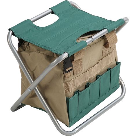 Tabouret pliant robuste avec sac et trousse à outils de jardinage multifonctionnelle argentée (1/5)