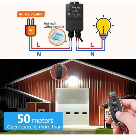 Télécommande sans fil étanche interrupteur radio AC 240V 220V récepteur relais 30A pour emplacement humide zone de cour extérieure pompe à eau légère irrigation de ferme toit garage entrepôt (1/3)
