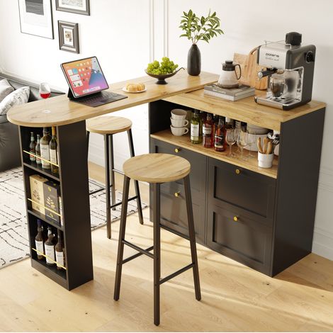 Mesa de bar con almacenaje y 2 taburetes negros, efecto madera HAVRYA (1/5)