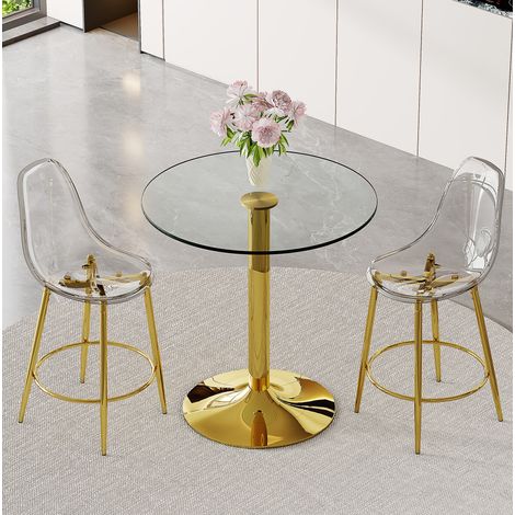 Rundes Bartisch-Set Ø89 cm aus Glas und goldfarbenem Metall, 2 transparente Hocker – MEUBLIV (1/5)