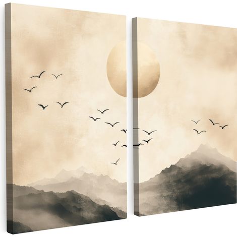 MULTI-PANEL WALL ART Set of 2 Landscape - Japandi - Beige - Birds 80x60 cm