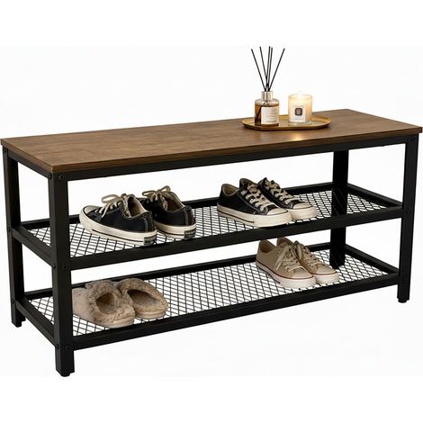 Relaxdays shoe bench, for 8 pairs, HxWxD: 45 x 100 x 30 cm, 2 wire shelves, wood-effect seat, brown/black (1/5)