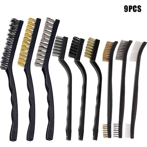 Brosse Métallique À Gratter - Acier Inoxydable Et Laiton Noir - Manche Incurvé - Pour Scories De Soudure Rouille Poussière - Lot De 9 (1/5)