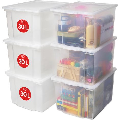 Lot de 6 boîtes de rangement 30L – Dimensions 42x35.5x26.5 cm – Transparent avec couvercles – Empilables pour gain de place – Iris Ohyama