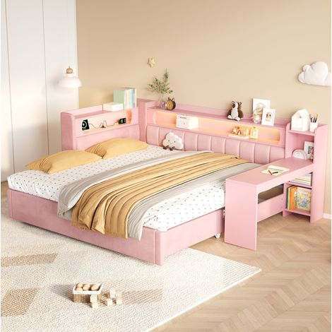 Letto estraibile 90x200 rosa con scrivania, LED e USB, senza materasso – MEUBLIV (1/5)