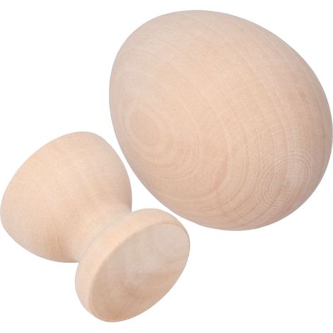 Unbemaltes Osterei aus Holz, künstliches Deko-Ei mit Ständer für Dekoration und Bastelarbeiten, Eierform aus Rohholz (1/5)