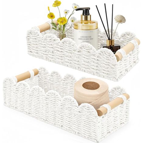 2 Pièces Panier Rangement Osier, Corbeille Rangement Papier Toilette Tressé avec Poignées en Bois, Boite Rotin pour Cuisine, Salle de Bain, Décor Maison (Blanc) (1/5)