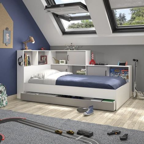Calicosy – Lit enfant avec rangements – Décor blanc et gris – 90 x 200 cm – Structure en panneaux de particules – Montage réversible (1/10)
