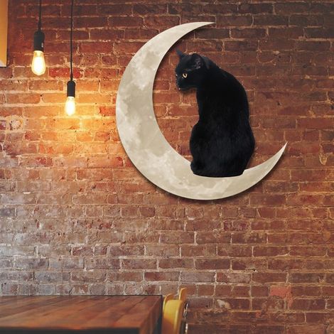 Décoration murale en métal représentant un chat noir sur la lune. Cadeau idéal pour la maison ou pour offrir. (1/5)