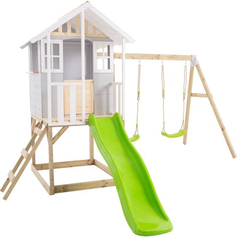 Maisonnette modulable sur pilotis avec balcon, glissière et deux balançoires PERCE-NEIGE en bois FSC®