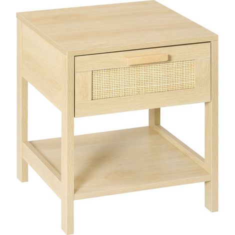 Nachttisch mit Schublade und Ablage, aus geflochtenem Rattan, Maße 40 x 40 x 48 cm, natürliche helle Holzoptik (1/5)