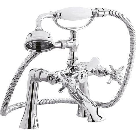 Balterley Hanchurch Traditional Deck Mounted 1/2 Inch Bath Shower Mixer Tap with Shower Kit - Chrome/White