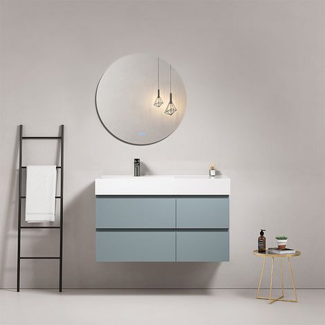 Mobile bagno sospeso 100 cm Blu Avio Lavabo a Sinistra in Resina Specchio Tondo - Fiji Paint (1/4)