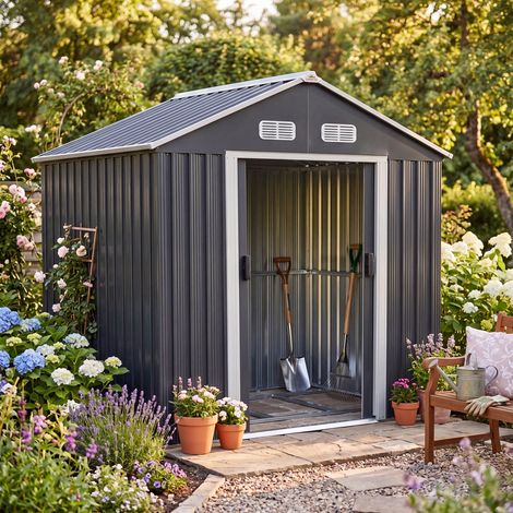 GARDEBRUK® XL Cobertizo de Metal 3,1m³ 196x132x188 Antracita Chapa Galvanizada Puerta Corredera Caseta de Jardín Galpón Almacén